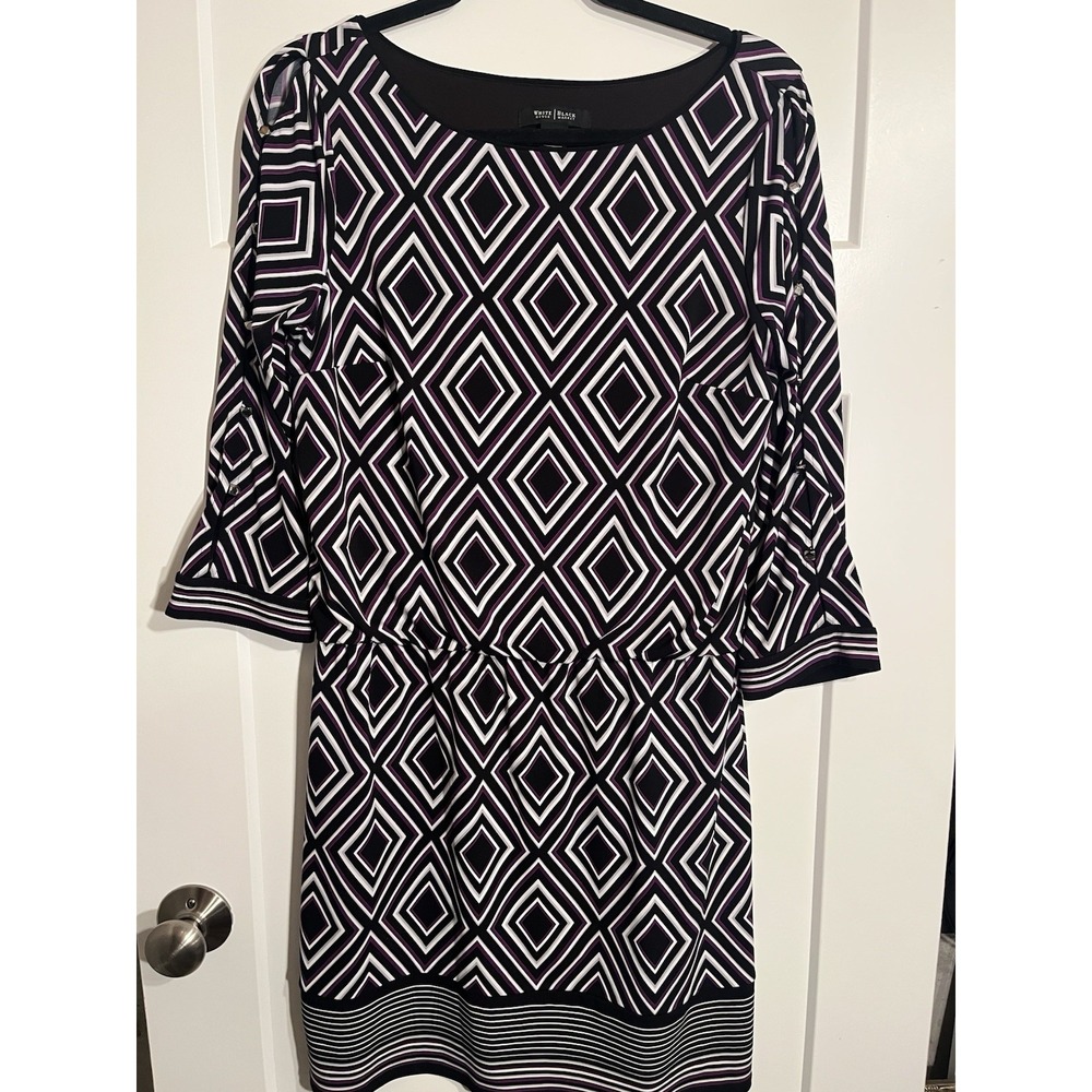White House Black Market Dress M Black Purple Geometric 3/4 Sleeve Stretch